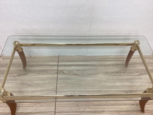 ローテーブル ゴールド×ナチュラル アンティーク調 ガラス天板 ガラス製