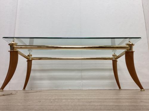 ローテーブル ゴールド×ナチュラル アンティーク調 ガラス天板