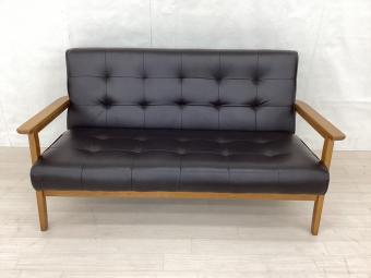 2人掛けソファー ブラウン×ダークブラウン 木製フレーム 2人掛け 合皮×木製