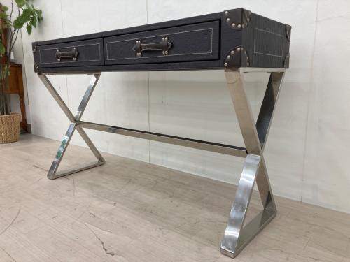 トランク風コンソールテーブル ブラック×シルバー