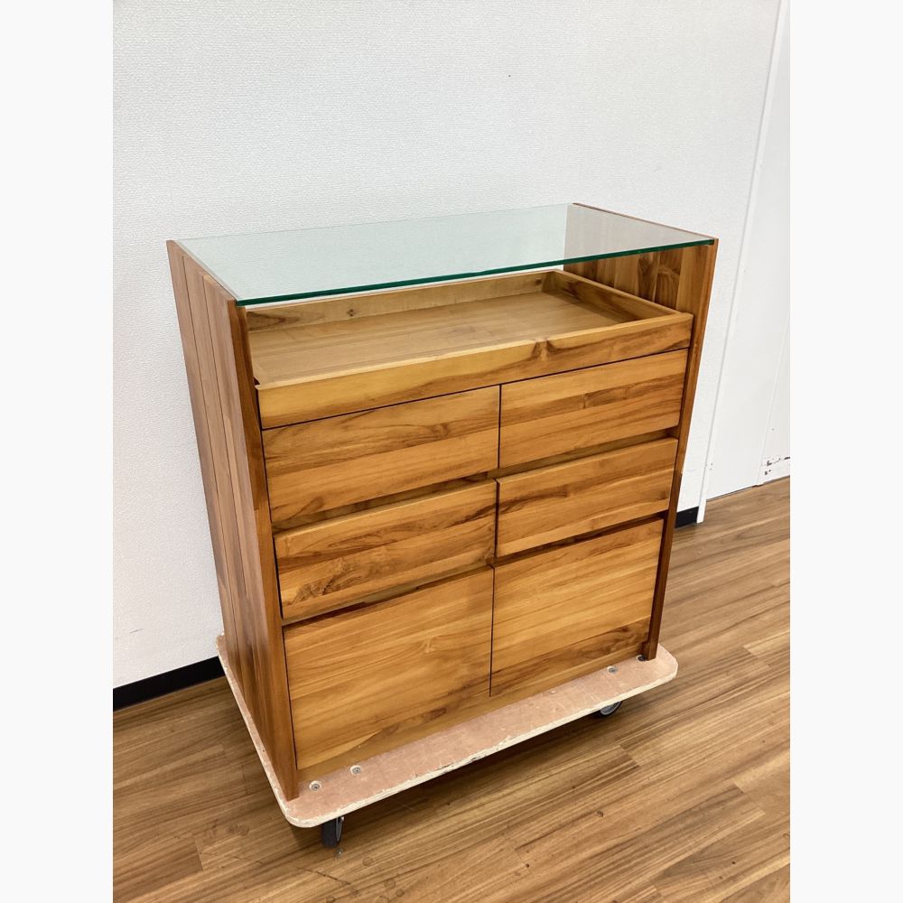 Unico コレクションチェスト ブレス チーク材 ガラス天板 横85cm UNICO (ウニコ) コレクションチェスト ブラウン 3段 チーク材×ガラス