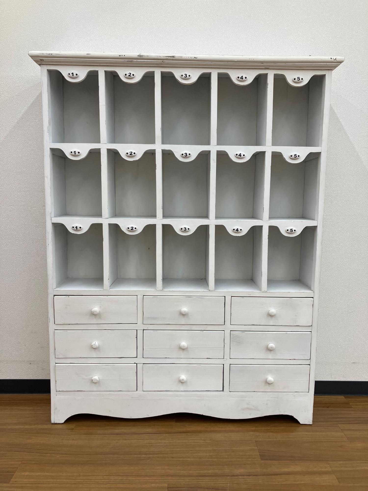 キャビネット アンティーク風家具 ビンテージ加工 ホワイト NUMBERS
